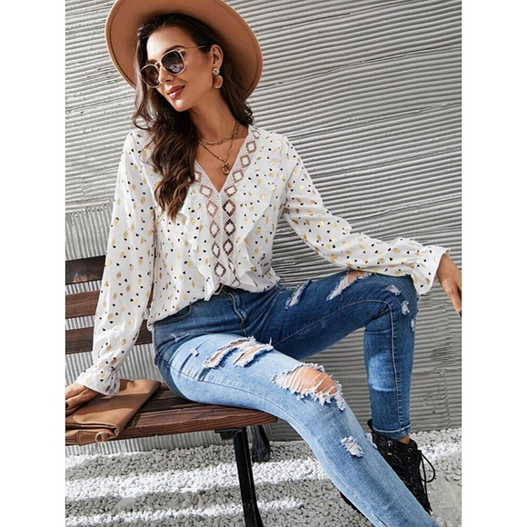 🌟 BOHO WHITE GOLD BLACK HEART RUFFLE BLOUSE! - Picture 3 of 16